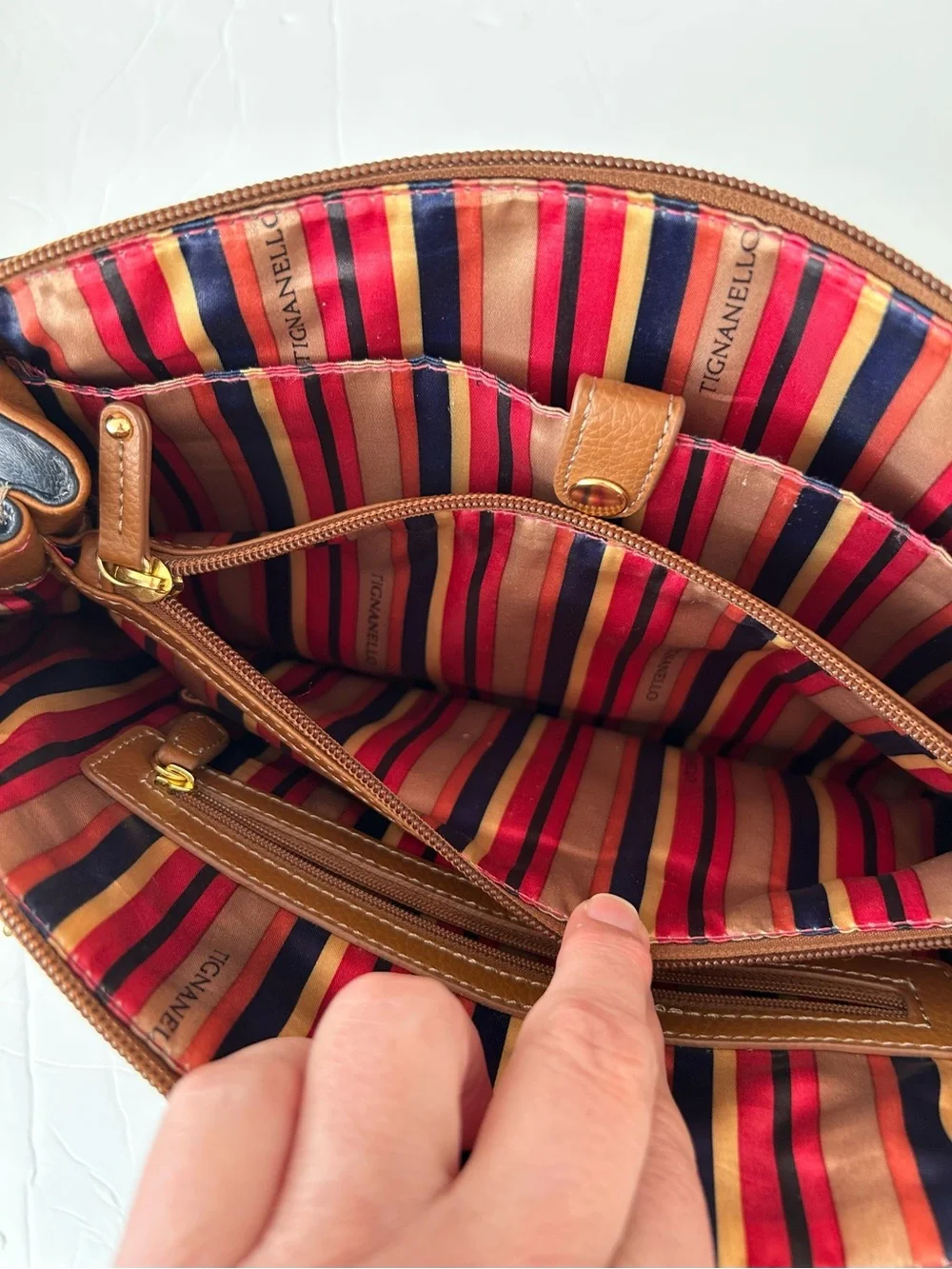 Tignanello Est. 1989 Brown Navy Leather Handbag Plus Shoulder Bag Gold Hardwar